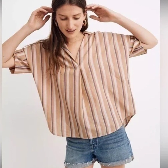 MADEWELL Courier Button-Back Short Sleeve Shirt in Rainbow Stripe Size XS - Picture 1 of 8
